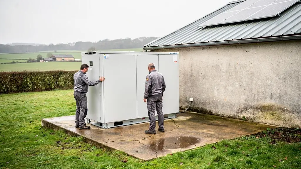 Deux ouvriers installent une armoire de batteries de stockage sur une dalle en béton à côté d'un bâtiment agricole en France.