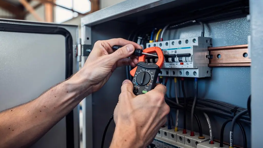 Les mains d'un technicien mesurent un câble électrique au voltmètreètre dans un tableau relié à une installation de secours.