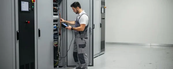 Un technicien contrôle un système de batteries de stockage dans une salle technique d'un site industriel en France.