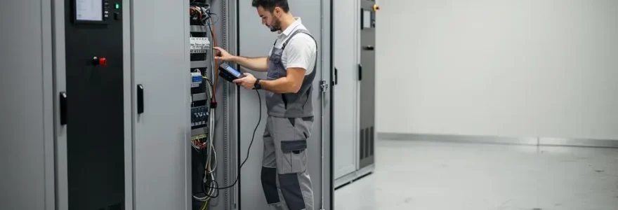Un technicien contrôle un système de batteries de stockage dans une salle technique d'un site industriel en France.